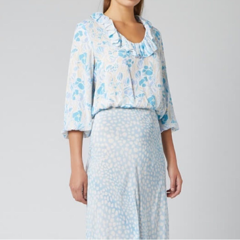 RIXO Alora Klimt Floral Frill Collar Silk Blend Blue Top SIZE SMALL